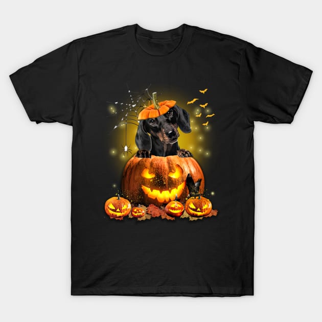 Black Dachshund Spooky Halloween Pumpkin Dog Head T-Shirt by Los Draws